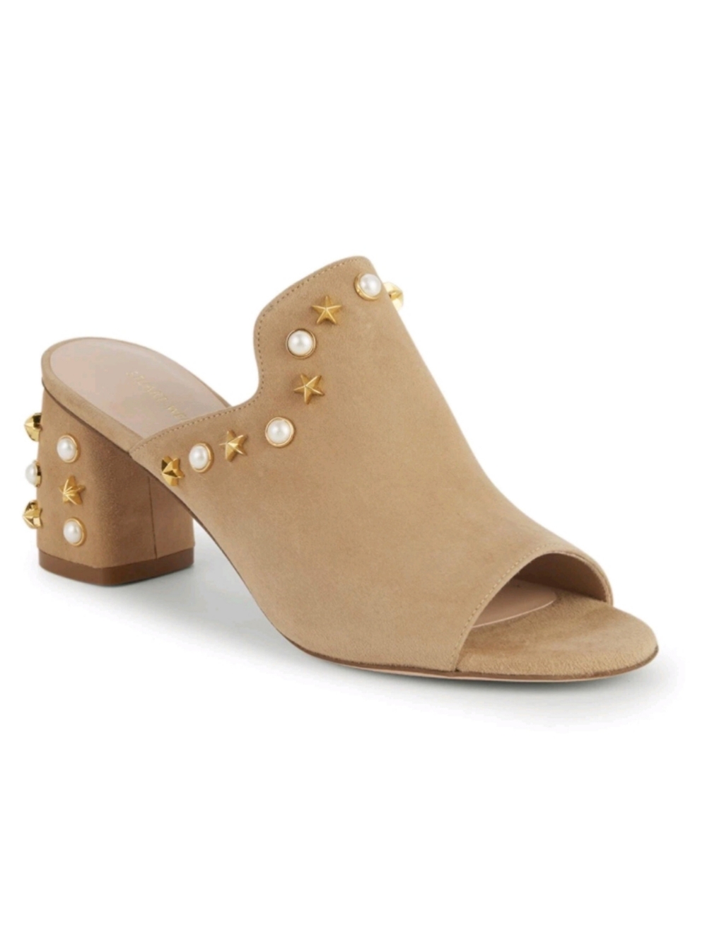Stuart Weitzman Tan Suede Pearl & Gold Star Stud Mule Dohickey Size 8